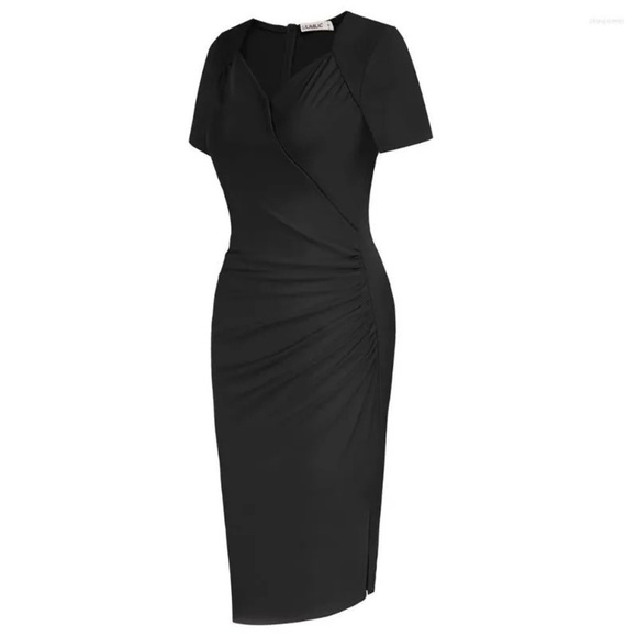 ⭐️LIUMILAC Elegant Casual Irregular Hem Short Sleeve V-Neck Side Slit Dress⭐️ - Picture 4 of 9